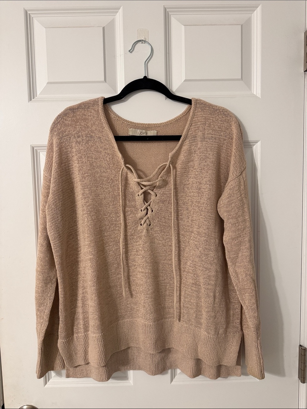 LOFT Lace-Up V-Neck Knit Sweater - Beige